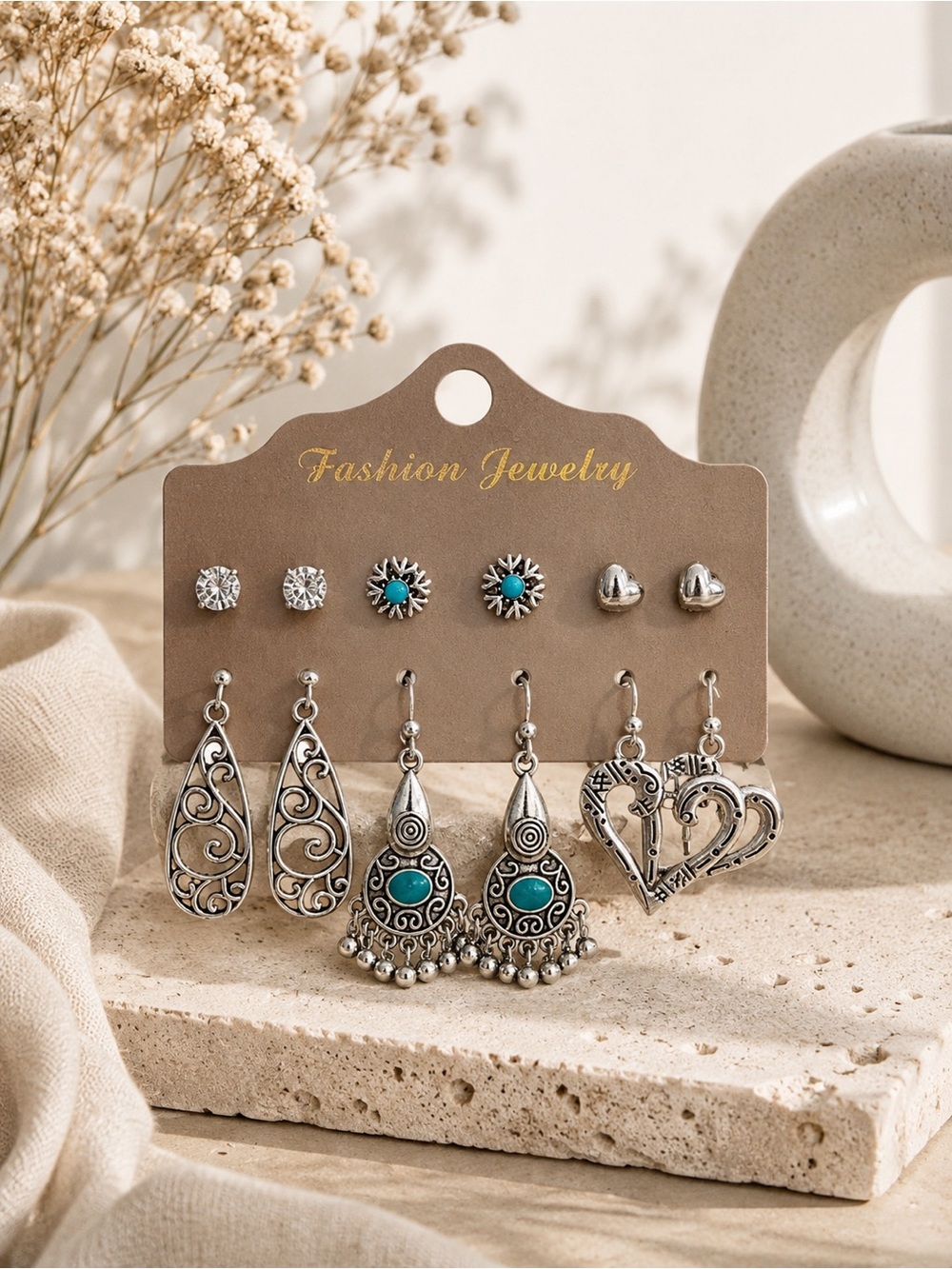 Fashion Jewelry Silver and Turquoise Mixed Earring Set - 6 Pairs